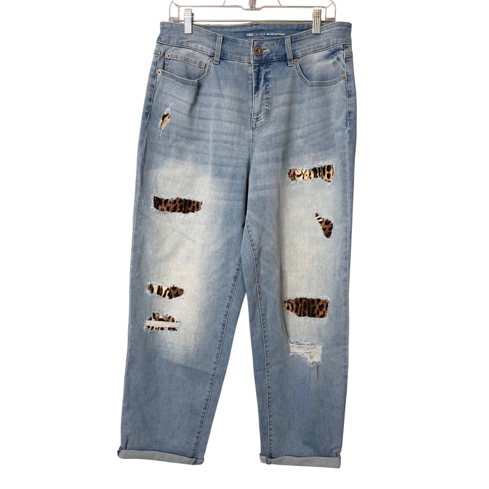 INC Denim Mid Rise Boyfriend Jeans Womens 12/31 Light Wash Leopard Distressed